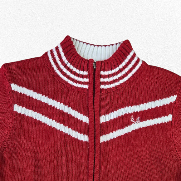 90s Y2K Red Striped Retro Full Zip Mock Neck Bubblegum Sweater Size Medium - Picture 2 of 6